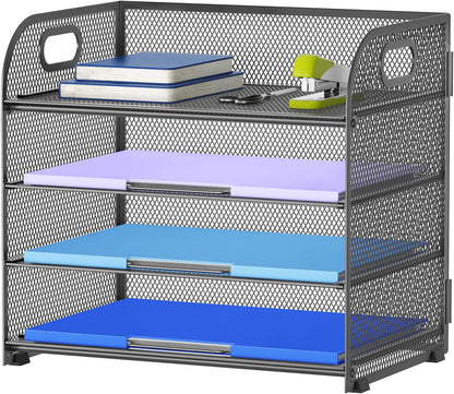 Marbrasse 4 Tier Paper Organizer Letter Tray - Mesh Desk File Organizer with Handle, Paper Sorter Organizer for Letter Office File Folder Holder (Grey, 12.6" x 9.1" x 10.7")