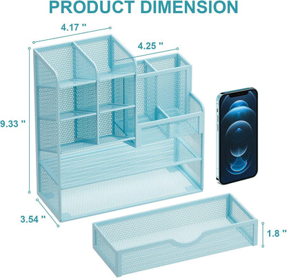 Marbrasse Mesh Pen Holder for Desk, Multi-Functional Pencil Organizer with Drawer, Desk Organizers and Accessories for Office Art Supplies (Blue)