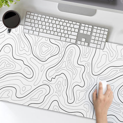 White Topographic Contour Gaming Mouse Pad XL Geographic Map Lines Minimalist Extended Large Mat Mousepad Desk Pad Non-Slip Rubber Base Stitched Edge Long Keyboard Pad for Computer,31.5×11.8 Inch