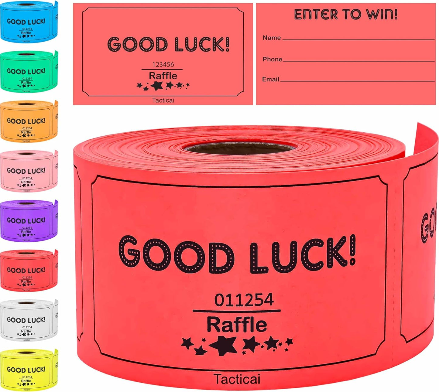 Tacticai 250 Raffle Tickets, Red (1 of 8 Colors), Raffle Cards, Entry Form with Name, Phone & Email for Events, Fundraiser & Prizes