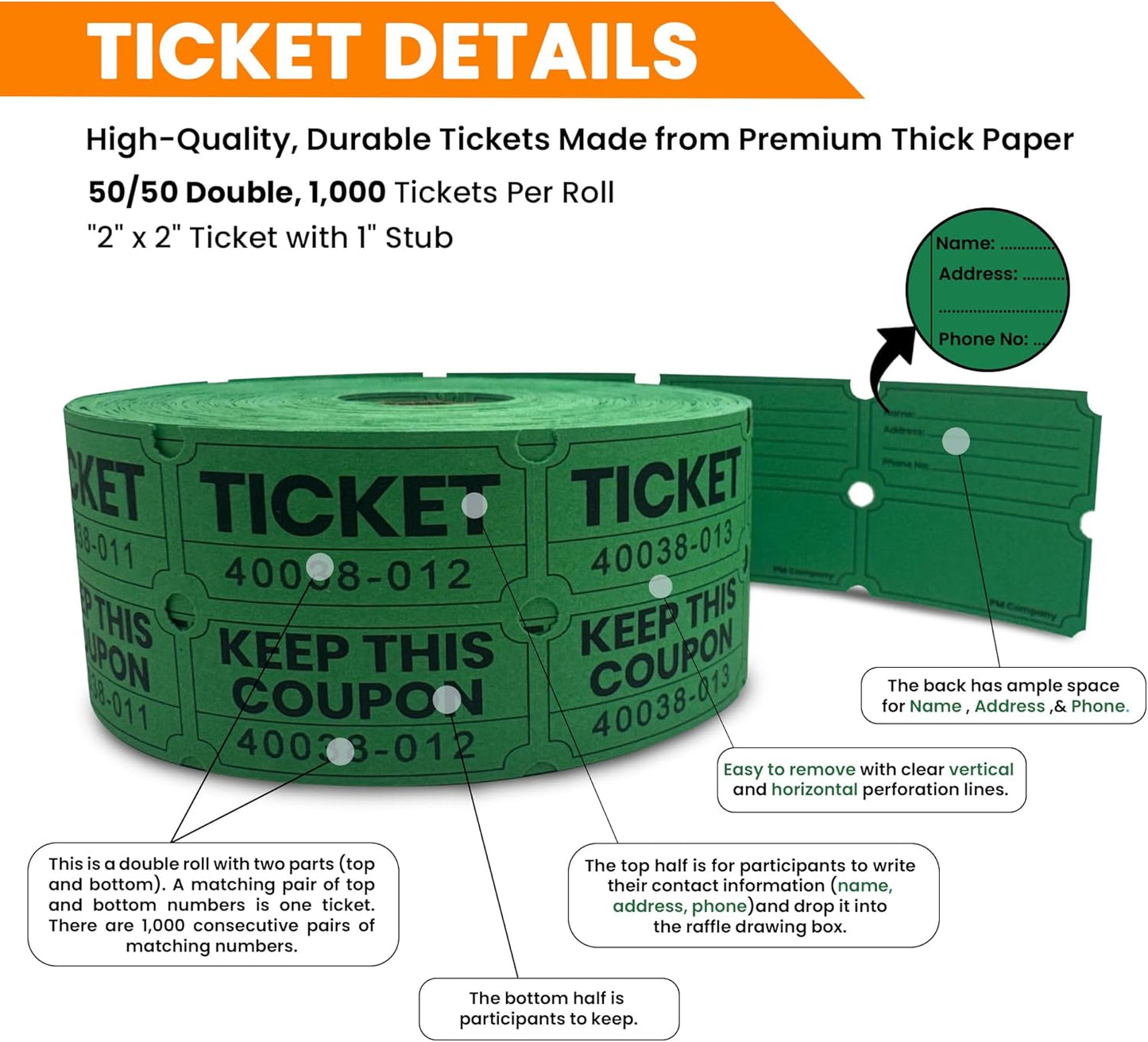 PM Company 1000 Raffle Tickets Double Roll, Green 50/50 Raffle Tickets for Events, Carnivals, Fundraisers, Class Rewards, and Prizes