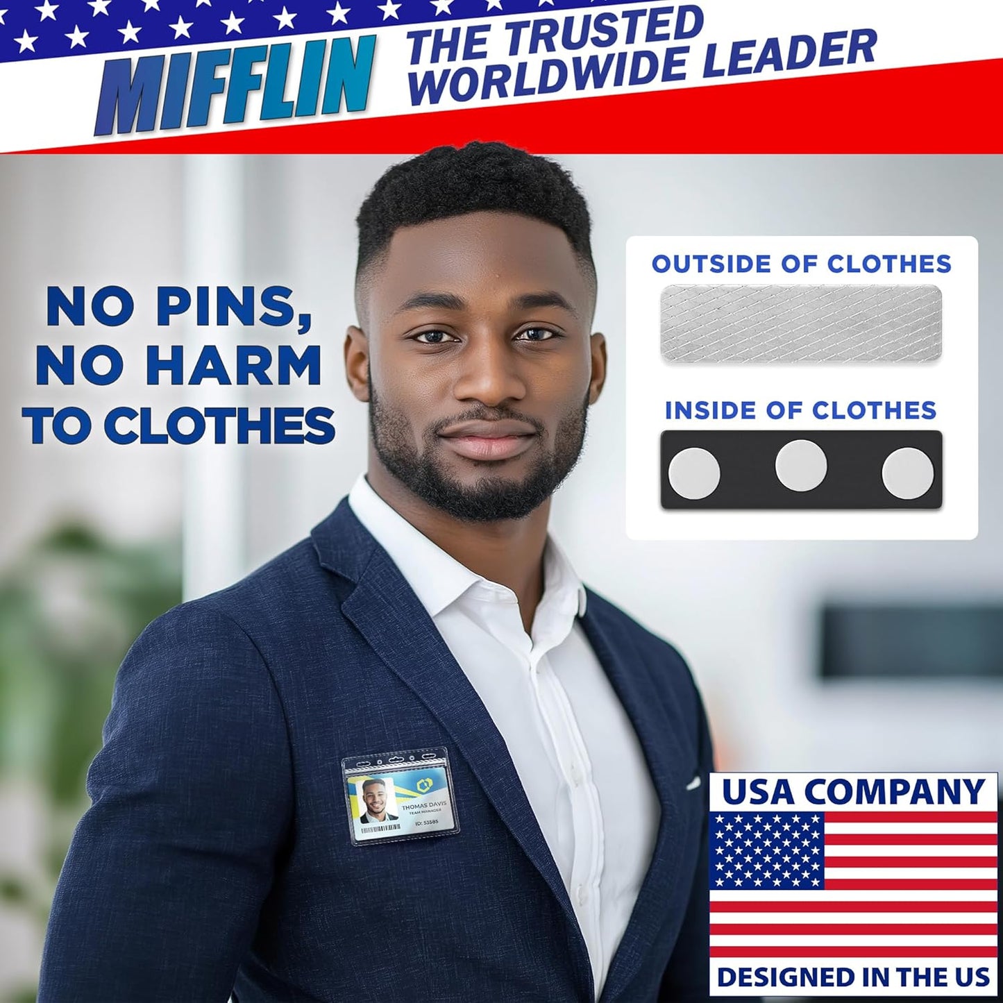 Mifflin-USA Name Tag Magnets (100 Magnets, 1.75 x 0.5 inches), Name Tag Magnet Backs w/ 3 Extra-Strong Neodymium for ID Badge Holders