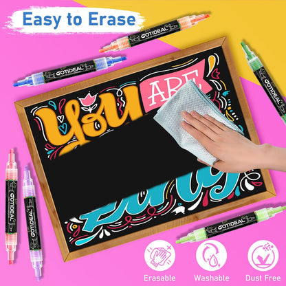 GOTIDEAL Chalk Markers Dual Tips,Erasable Liquid Chalk Marker for Blackboard,Washable Chalk Pens for Auto,Car,Glass,Mirror,Chalkboard,Window markers,24 Colors Chalk Board Markers with Metallic Colors