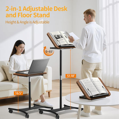 Rolling Laptop Floor Stand, Dual-Purpose for Desk & Floor, Adjustable Height from 16.5" to 51", with 4 Lockable Casters & Book Page Clips, Portable Laptop Stand Ideal for Projectors, Books, Ipads