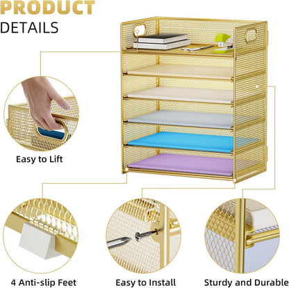 Marbrasse 2 Pack Desk Organizer with Handle, 6 Tier Paper Letter Tray, Mesh Desk File Organizer for Office, School and Home - Gold
