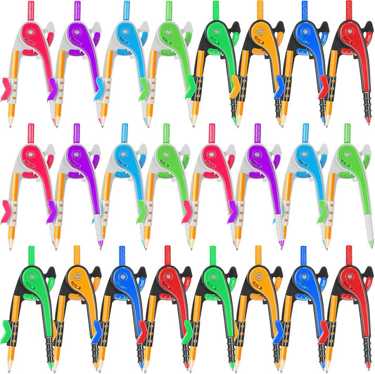 Zonon Student Math Geometry Compass Bulk 6 Inch Plastic Drawing Compass with Pencils Bright Color Precision Tool Back to School Supplies(24 Pcs)