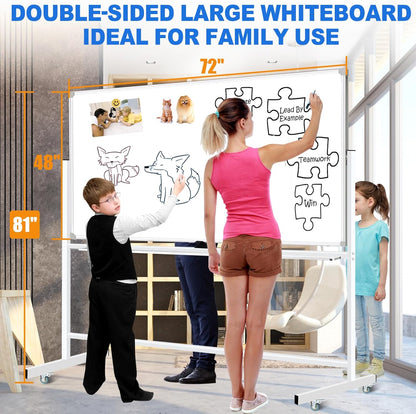 Magnetic White Board Dry Erase Whiteboard with Rolling Stand 72"x48" Double-Sided Mobile Large White Board on Wheels, Including 3 Magnetic Erasers, 7 Markers, 30 Magnets