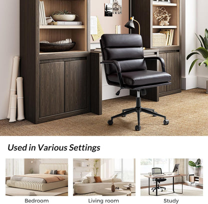 HULALA HOME Modern Faux Leather Home Office Chair with Tilt Lock & Metal Base, Desk Chair with Wheels & Padded Cushion, 360° Swivel Wide Seat Computer Task Chair, Brown