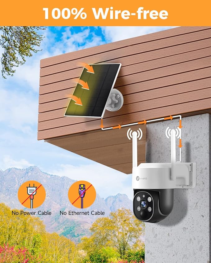 XMARTO 100% Wire-Free Solar PTZ Home Security Camera System Wireless, 4-Set 2K 4MP QHD CCTV Camera Kit + 2PCS Wire-Free Solar Security Camera