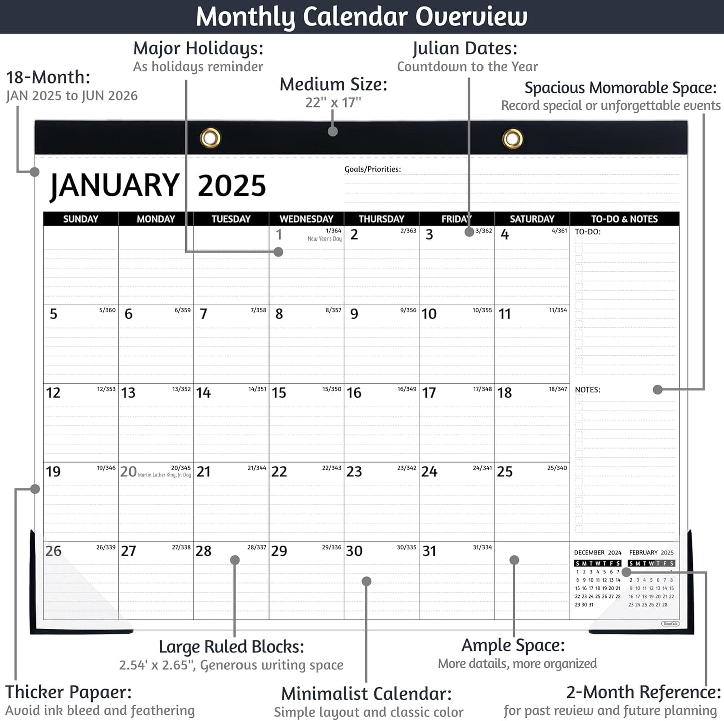 2025-2026 Desk Calendar – Jan 2025 – Jun 2026, 18 Monthly Calendar 2025-2026, Large Desk Calendar, 22'' x 17'', 2025 Desk/Wall Calendar with Desk Pad, To-do Lists, Ruled Blocks, Corner Protectors