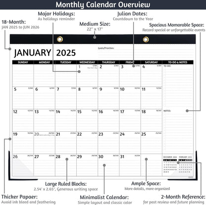 2025-2026 Desk Calendar – Jan 2025 – Jun 2026, 18 Monthly Calendar 2025-2026, Large Desk Calendar, 22'' x 17'', 2025 Desk/Wall Calendar with Desk Pad, To-do Lists, Ruled Blocks, Corner Protectors