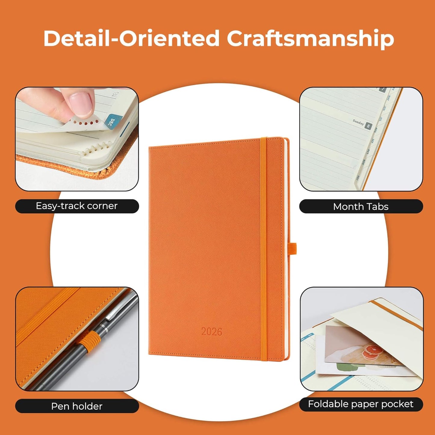 Weekly Monthly 2026 Planner (Jan.26-Dec.26),11.5"x8.5",12 Months Agenda Plan with Month Tabs & Pocket,Expenses/Note Pages, Appointment Book Calendar with Hardcover Vegan Leather Cover,Orange