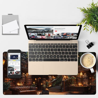 Large Mouse Pad Old Library Gaming Desk Pad Computer Keyboard Non-Slip Waterproof Mouse Mat with Rubber Base and Stitched Edges Entertainment Office Writing Desk Mat 35.4 x 15.7 Inches