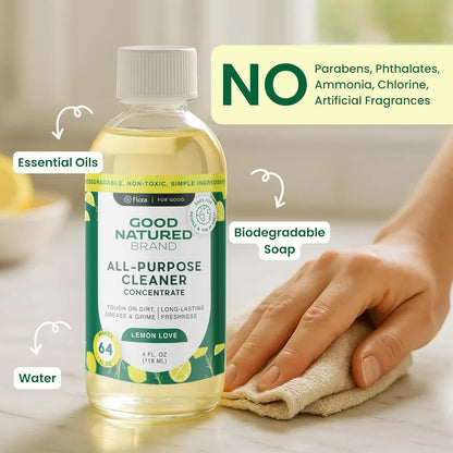 Good Natured Brand All-Purpose Cleaner Concentrate + 16 oz Bottle | Multi-Surface Cleaner | Natural Lemon Essential Oil | Multipurpose Cleaner All Surfaces | Lemon Love | 4oz makes 64oz