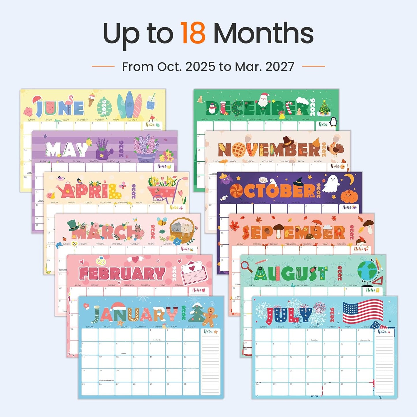 SUNEE Desk Calendar 2025-2026, 18 Months from Oct. 2025 to Mar. 2027, 17"x12" Academic 2026 Calendar for Home, School, or Office Desk Top Organizing, Seasons Color Monthy Calendar 2026