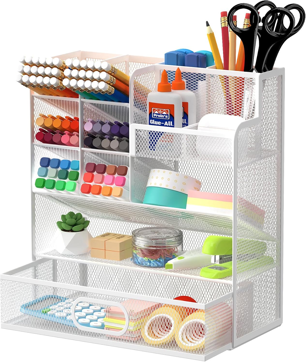 Mesh Pen Organizer for Desk, Multi-Functional Pencil Holder with Drawer Desk Organizers, Large Capacity Storage for School Office Home Supplies (White)