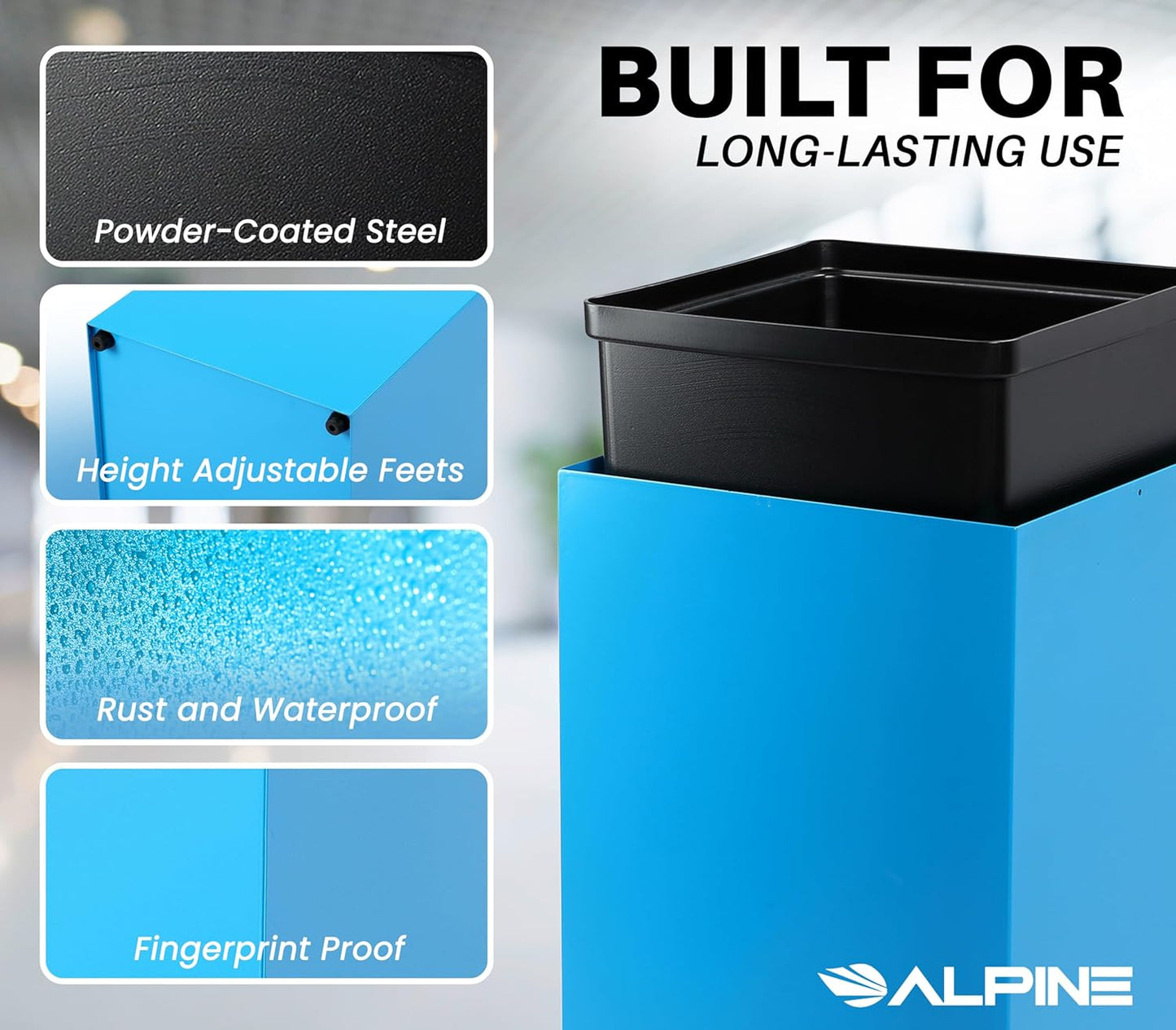 Alpine Commercial Indoor Recycle Bin with Lid - 29 Gallon Blue Recycle Bin Recycle Trash Can Office Recycling Bins, Metal Recycling Container with Stickers & 3 Optional Lids Sold Separately