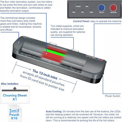 SINCHI 13-Inch Thermal Laminator & Foil Applicator, 3–10 Mil, 4-Roller, 55s Warm-Up, 40 in/Min, Auto Shutoff, Commercial-Grade Laminating Machine with 10 Pouches for Office, School, Crafts & DIY
