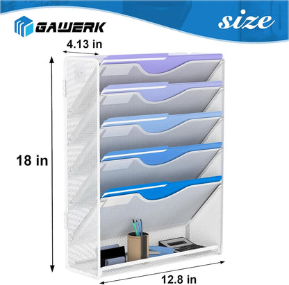 6 Tier Hanging File Organizer, Mesh Wall File Holder Paper Folder Rack with Bottom Flat Tray for Office Home, White