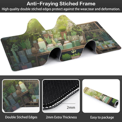 Desk Mat, Cute Lofi Green Extended Large Gaming Mouse Pad for Desk XXL, Non-Slip Rubber Base Stitched Edges Waterproof Long Computer Keyboard Desk Pad Mouse Mat for Home Office Gaming 35.4"X15.7"