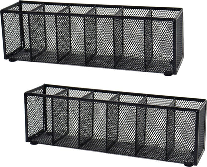 2PCS Black Mesh Pen Pencil Holder, Small Metal Desk Organizer Desktop Stationery Office Supplies Acessories Storage Stand, 6 Compartments Brushes Holder for Home School Classroom Teachers