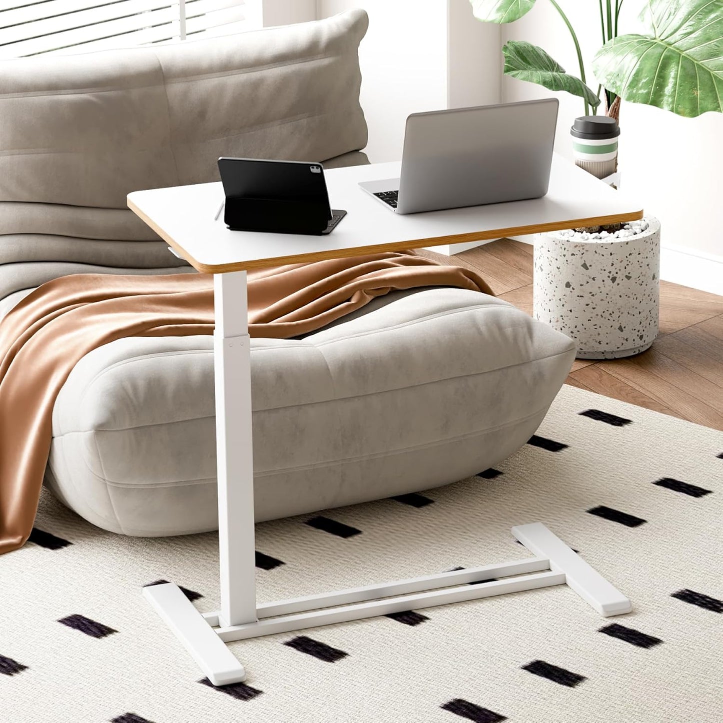 SANODESK Mobile Standing Desk with Hidden Wheels,Pneumatic Laptop Desk Rolling Computer Cart Movable Height Adjustable Small Sit Stand Desk for Home Office(31.5" W x 17.7" D, White+Maple Band)