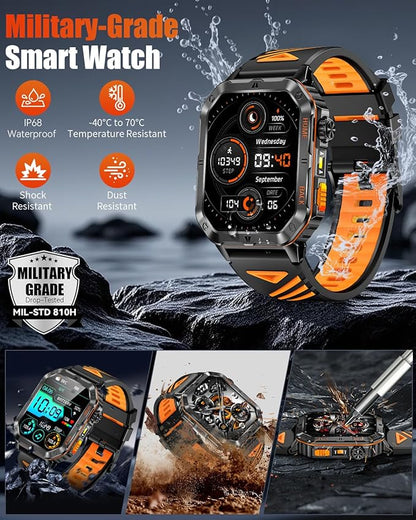 Military Smart Watch for Men, 2.01'' Fitness Tracker with 1200mAh Long Battery Life, Bluetooth Calls, Flashlight, IP68 Waterproof, Heart Rate/Sleep Tracking, 100+ Sports Modes for Android iPhone