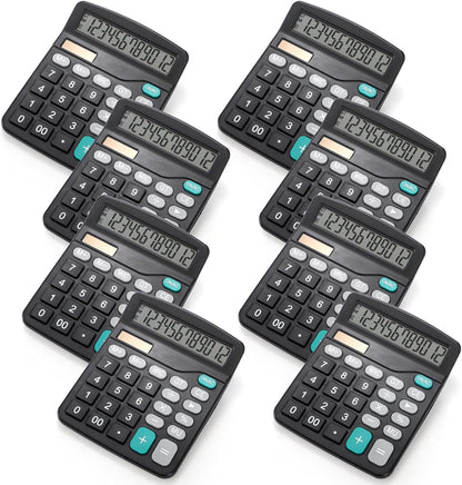 8 Pack Desktop Calculator 12 Digit, Solar Battery Basic Calculator, Dual Power Electronic Calculators with Large LCD Display, Sensitive Button Handheld Calculator for Office Home School, Black