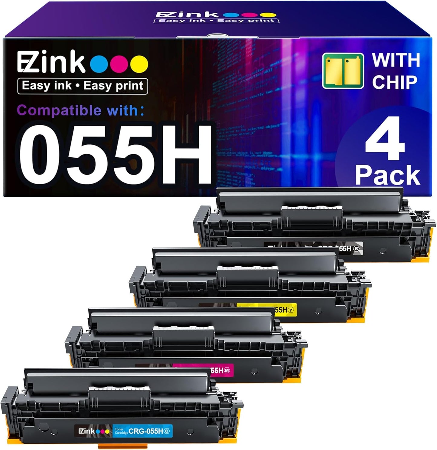 E-Z Ink Compatible Toner Cartridge Replacement for Canon 055 055H High Capacity Toner Cartridge for Canon Color ImageCLASS MF743Cdw MF741Cdw MF746Cdw MF743 Printer (Black Cyan Magenta Yellow, 4-Pack)
