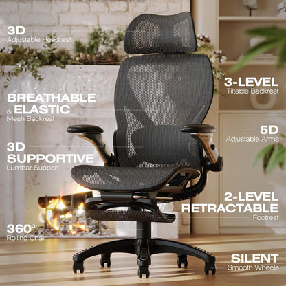 ELABEST X100 Ergonomic Office Chair with Footrest, Big and Tall Home Desk Chair with 5D Flip-Up Arms, Adjustable 3D Lumbar Support,High Back Rolling Computer Chair, Swivel Mesh Chairs (Midnight Mist)