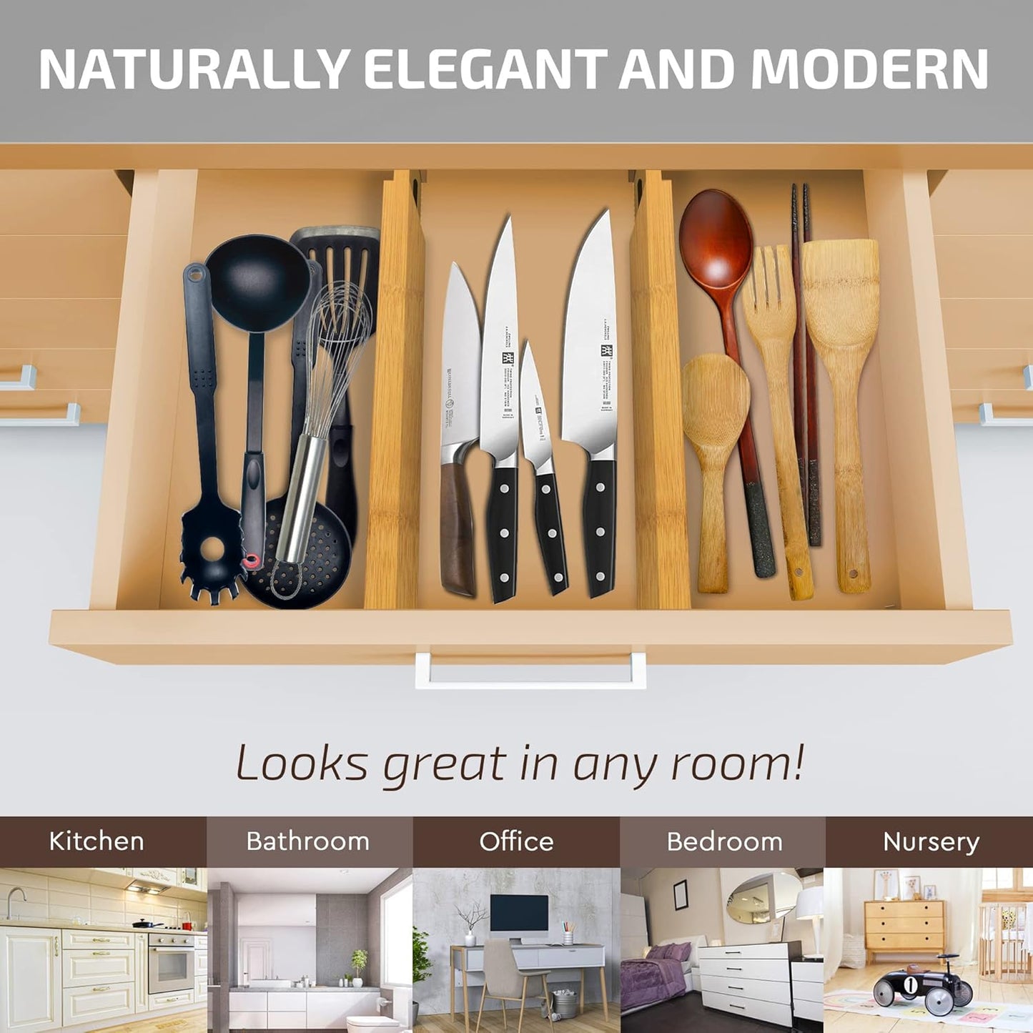 Bambüsi 4 Pack Drawer Divider - Bamboo 2.6" High, 12.5-17" Adjustable Drawer Organizers for Clothes, Expandable Dresser Separators in Bedroom/Bathroom/Kitchen/Office Organization and Storage