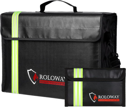 ROLOWAY Large (17 x 12 x 5.8 inches) Fireproof Bag with Reflective Strip, Water Resistant Fireproof Document Bag Safe for Money, Documents and Valuables Storage