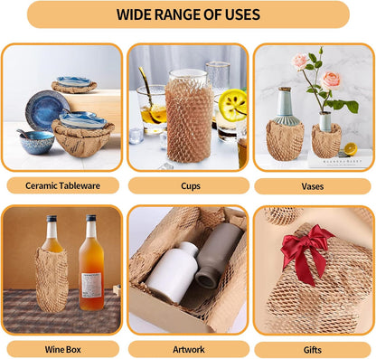 Honeycomb Packing Paper, 15"x230' Honeycomb Cushioning Bubble Wrap Paper Roll for Moving Shipping Breakables Packaging Gifts with 20 Fragile Sticker Biodegradable & Fully Recyclable Brown Kraft