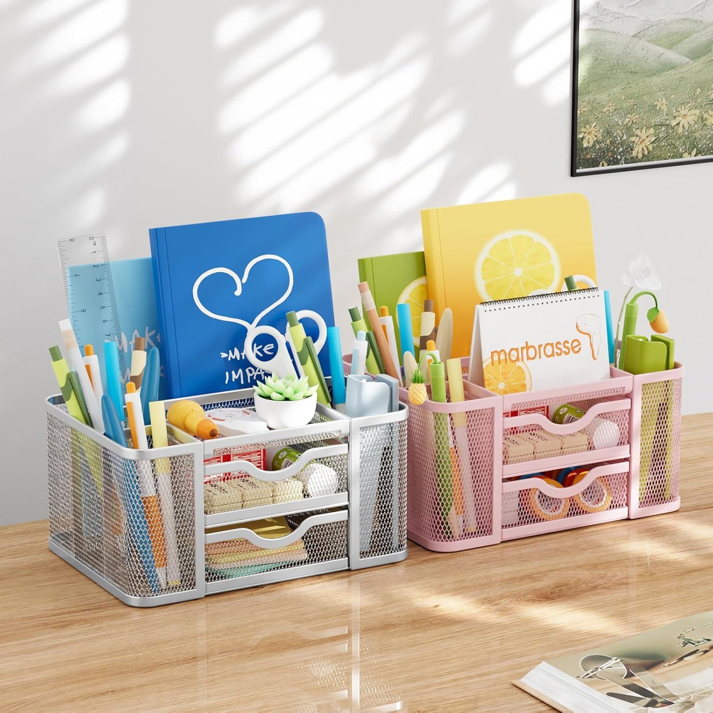 Marbrasse Mesh Desk Organizer, Pen Organizer with 2 Drawer, Multi-Functional Pencil Holder, Desk Organizers and Accessories with 5 Compartments + Drawer for Office Art Supplies (Pink)