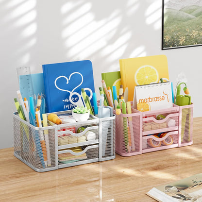 Marbrasse Mesh Desk Organizer, Pen Organizer with 2 Drawer, Multi-Functional Pencil Holder, Desk Organizers and Accessories with 5 Compartments + Drawer for Office Art Supplies (Pink)