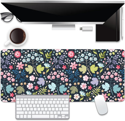 Maple Leaf and Flowers Desk Pad Mouse Pad,Large Floral Mouse Mat with Stitched Edges,Non-Slip Rubber Base Elegant Mousepad for Office PC Keyboard Laptop and Home Work Desk Mat(27.5X11.8 in)