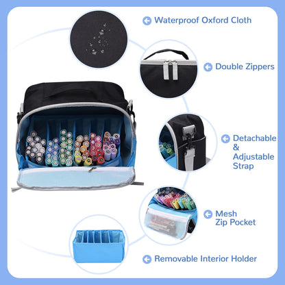 Large Storage Tote Bag for Markers, Brush Pens, Coloring Pencils, Books, Art & Craft Supplies, Tools, Cosmetics - Up to 130 Pens, Black