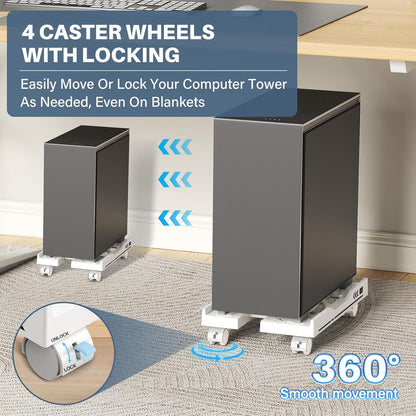 Adjustable Computer Tower Stand, Mobile PC Stand for Floor with 4 Locking Caster Wheels Fits Most PC, Under Desk CPU Holder for Office, Gamers and Students (White)