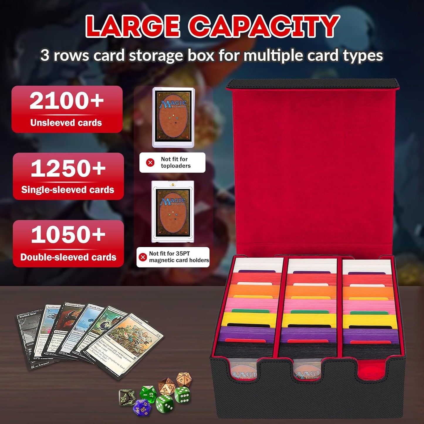 Card Storage Box for Trading Cards, 2100+ Card Deck Case with PU Leather and Magnetic Closure, TCG Storage Box, Suitable for MTG, YuGiOh, and Sports Cards, Includes 8 Card Dividers