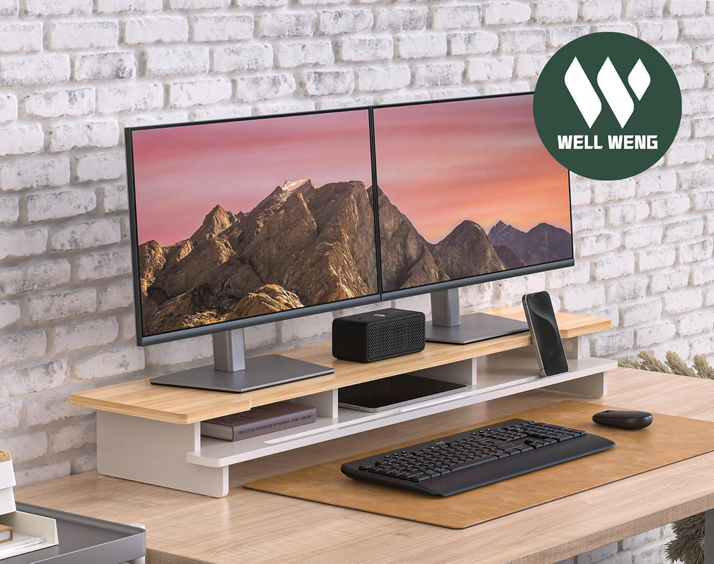 Monitor Stand Dual Monitor Stand Riser for Desk,Wood Desk Shelf Storage Organizer with Phone Tablet Holder (42.5 Inch, White & Natural Bamboo)