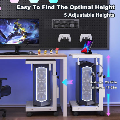 Computer Tower Stand with Charge Station and USB Charging Port - Height Adjustable PC Tower Stand, Under Desk CPU Holder Cart with Locking Caster Wheels for Fits Most PC