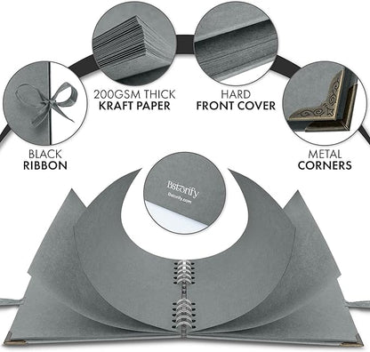 Bstorify Square Scrapbook Photo Albums 7 x 7 Inch Grey Hardcover with Ribbon Closure - Ideal for Scrapbooking, Art & Craft Projects