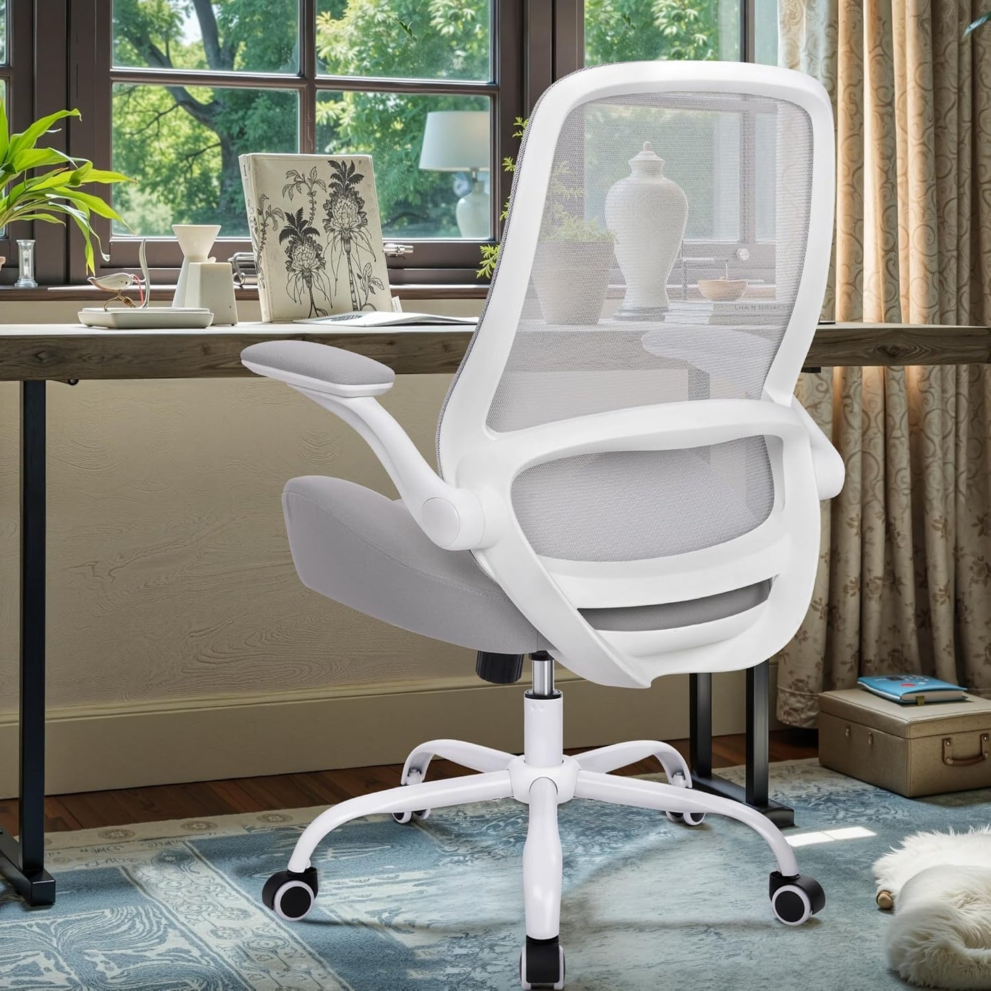 HYLONE Heavy Duty Office Chair, 5" Thickened Seat Ergonomic Desk Chair with Adjustable Armrests, Home Office Computer Chairs for Long Hours Mesh Executive Chair(White Base & Grey)