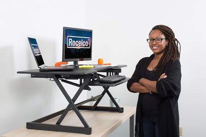 Rocelco 46" Large Height Adjustable Standing Desk Converter - Quick Sit Stand Up Triple Monitor Riser - Tall Gas Spring Assist Computer Workstation - Retractable Keyboard Tray - Black (R DADRB-46)