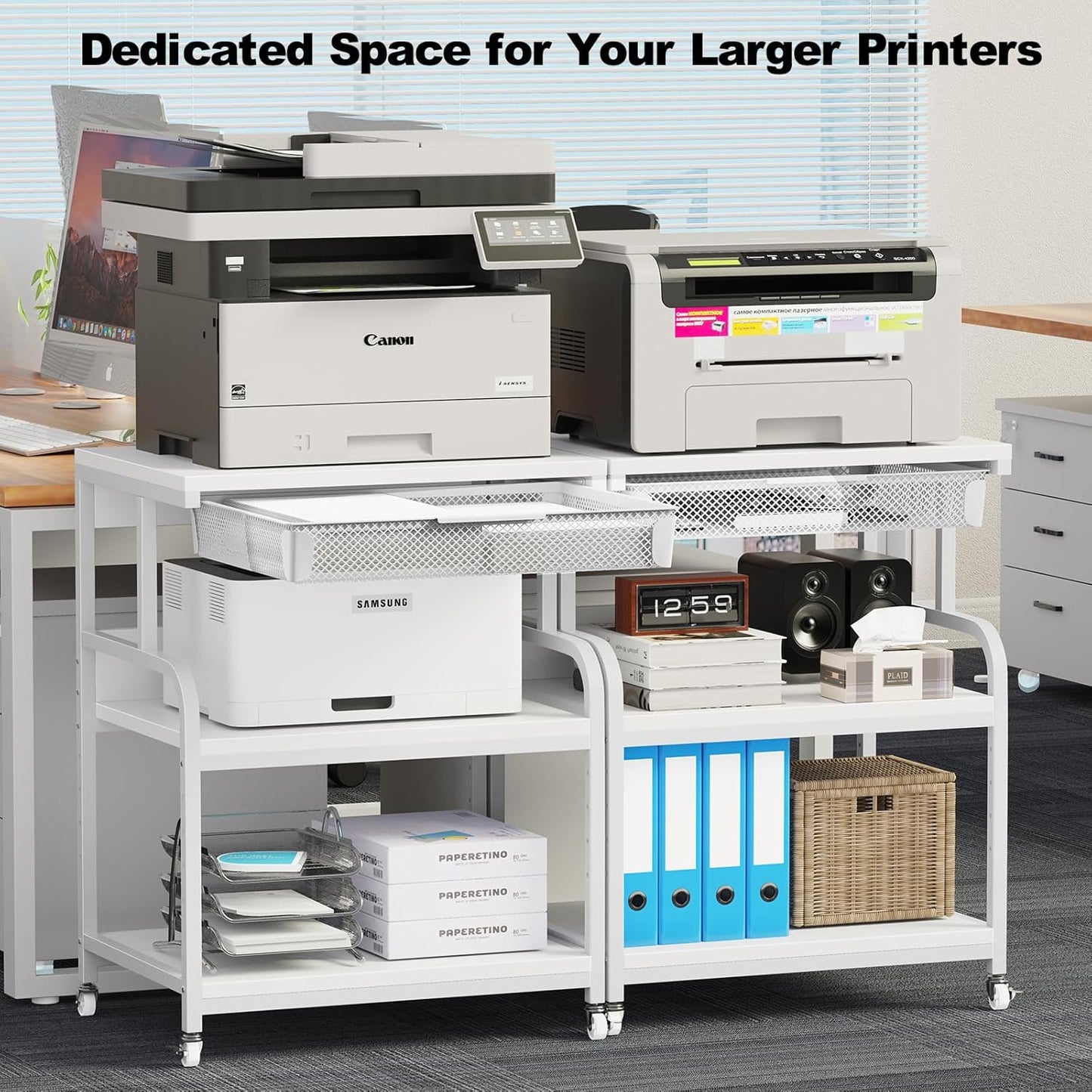 EasyCom 23.6''x18.9'' Extra Large Printer Stand with Drawer, 5-Adjustable Heights 3 Tier Table with Wheels, Rolling Printer Cart with Storage for Printer Scanner Fax Home Office Use