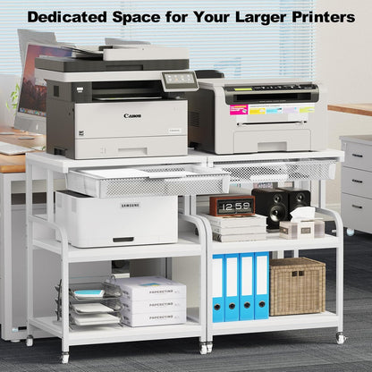 EasyCom 23.6''x18.9'' Extra Large Printer Stand with Drawer, 5-Adjustable Heights 3 Tier Table with Wheels, Rolling Printer Cart with Storage for Printer Scanner Fax Home Office Use