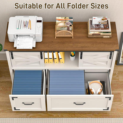 Lateral File Cabinets 2 Drawer with Sliding Barn Doors, Farmhouse Filing Cabinet with 2 Drawer for Home Office，Filing Organization Storage Cabinets for Hanging Files Letter/Legal/F4/A4.(Brown.)