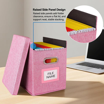 2 Pack Hanging File Folders Organizer with Lid, Letter Size Fabric File Storage Box Collapsible, Portable Office Document Holder with Metal Handle, Smooth PVC Rails, Pink
