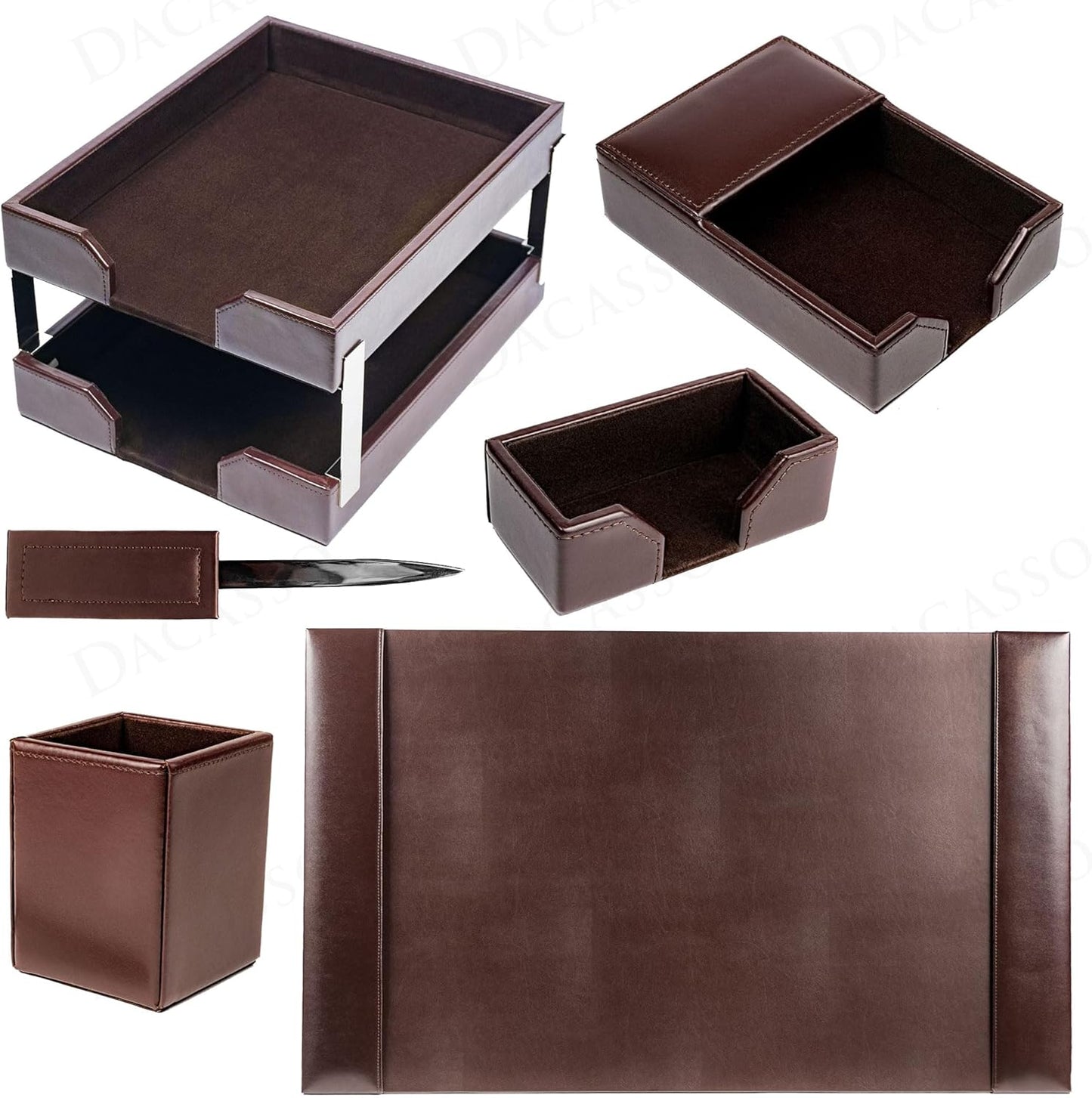 Dacasso Dark Brown Bonded Leather 8-Piece Desk Accessory Set - Organization Essentials & Executive Decor - Luxury Leather Blotter for Office Organization