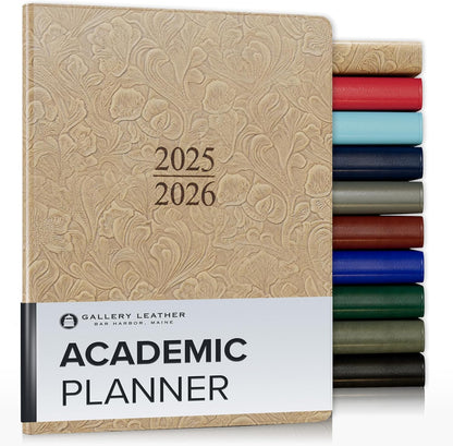 Gallery Leather Academic Planner 2025-2026, Teacher and Student Weekly Monthly Planner, Elegantly Bound Calendar with Gold-Gilded Page Edges, 18 Months - Floral Latte - 9x7"